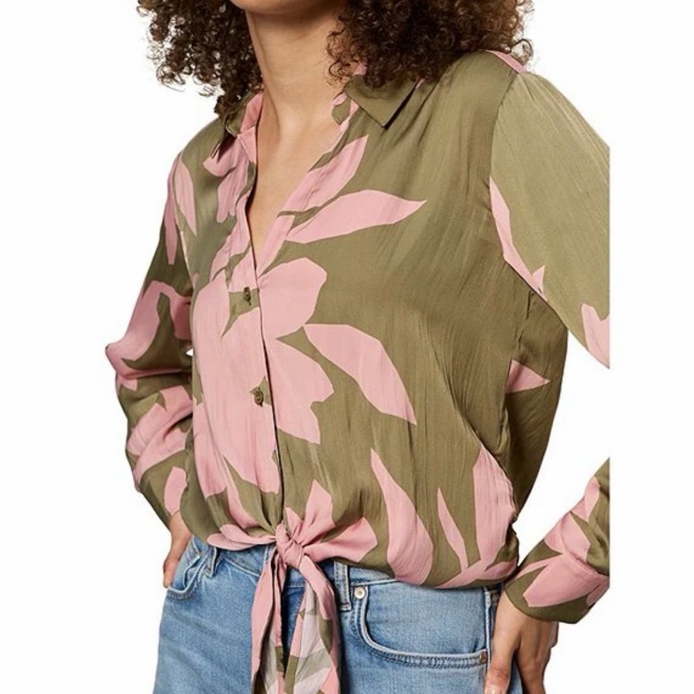 Sanctuary Womens Olive & Pink Tie-Front Button Shirt